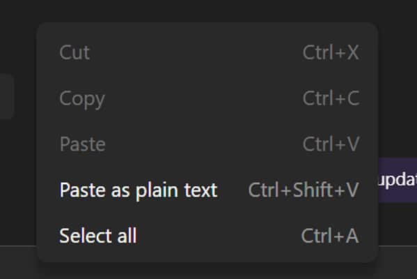 Paste option in Microsoft Teams is greyed out