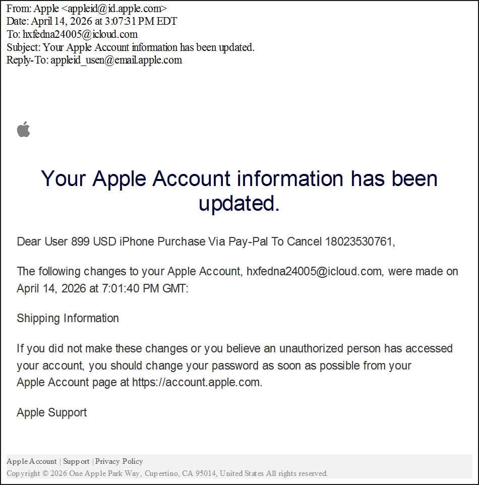 Callback phishing email abusing Apple Account change notifications