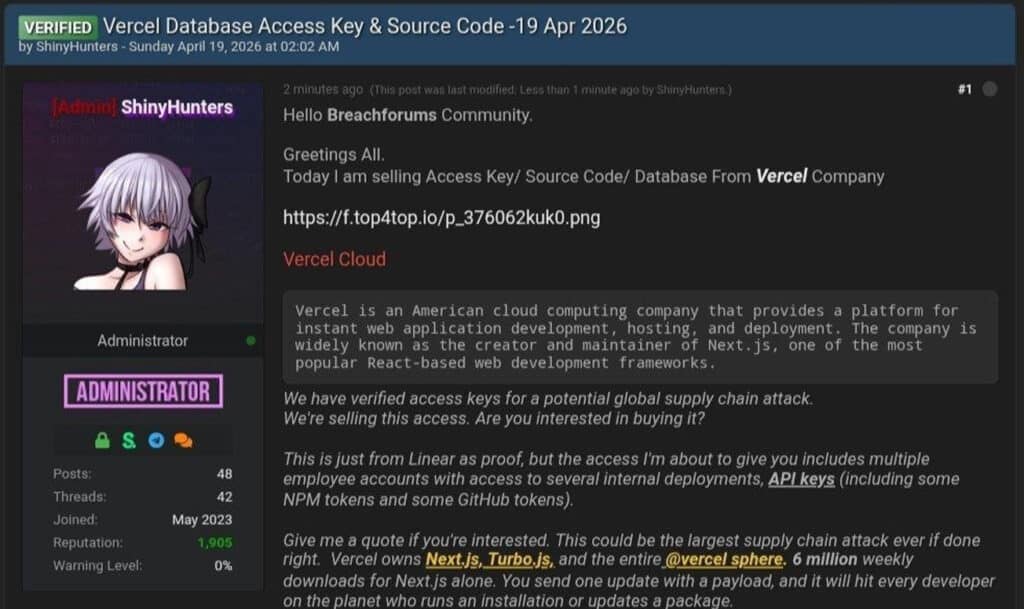 A screenshot of a forum post shared by the threat actor on Telegram