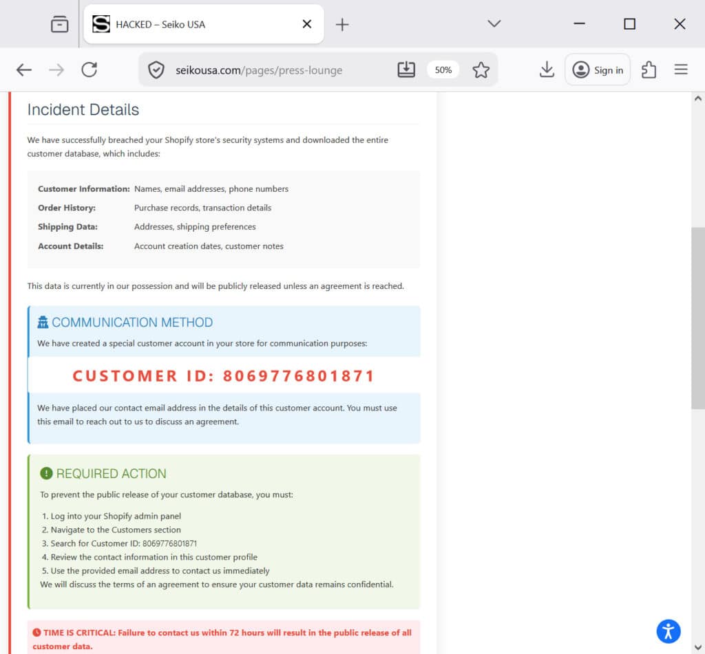 Seiko website defaced to show extortion message
