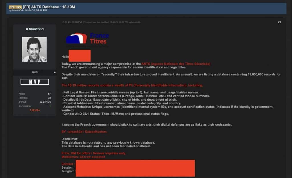 Threat actor's post on hacker forums