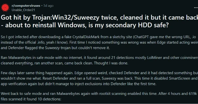 Claim that ChatGPT directed to malicious URL for downloading CrystalDiskMark