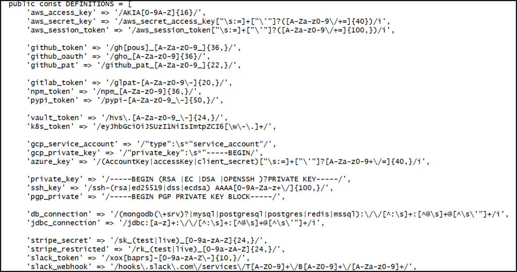 Regular expression patterns used to steal secrets