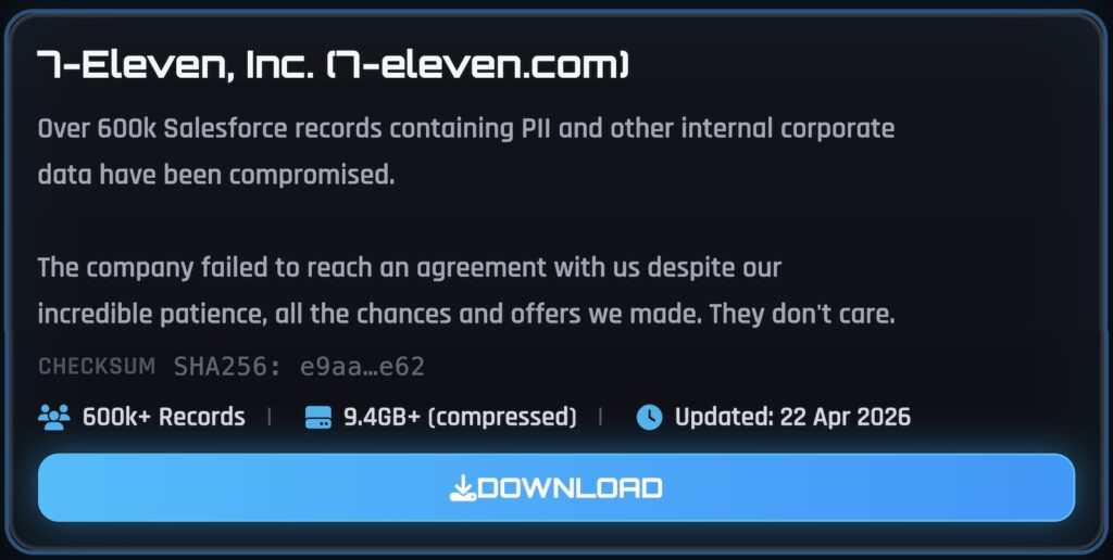 7-Eleven entry on ShinyHunters' leak site