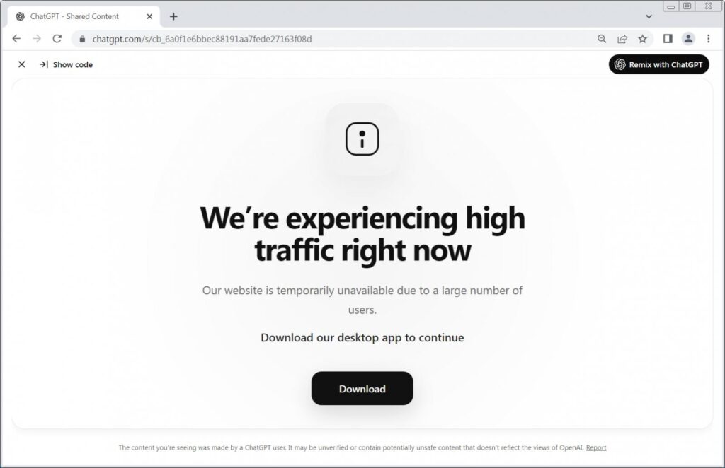 Fake outage message