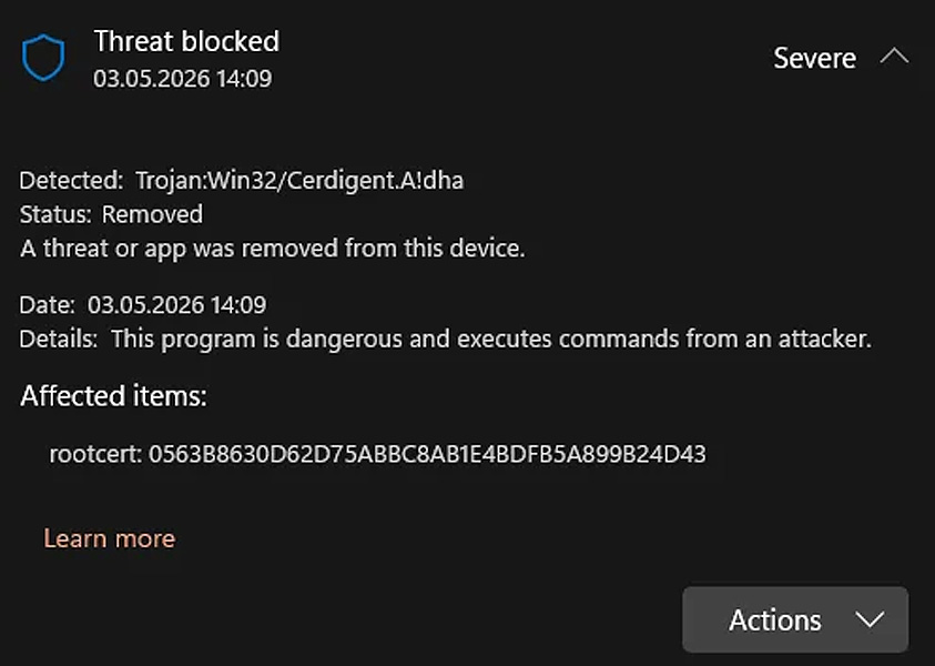 Microsoft Defender "Trojan:Win32/Cerdigent.A!dha" False Positive