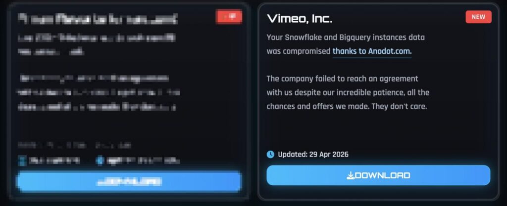 Vimeo entry on ShinyHunters leak site
