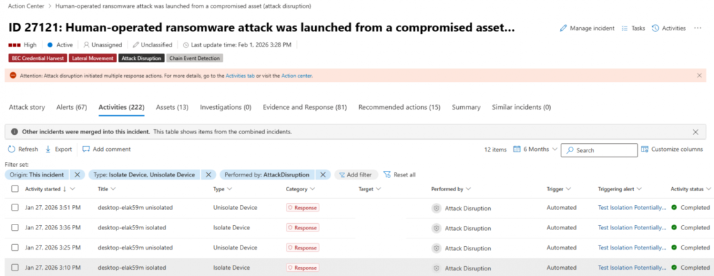 Defender for Endpoint automatic device isolation (Microsoft)