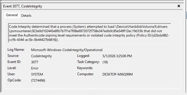 'Event 3077' entry in Event Viewer (Microsoft)