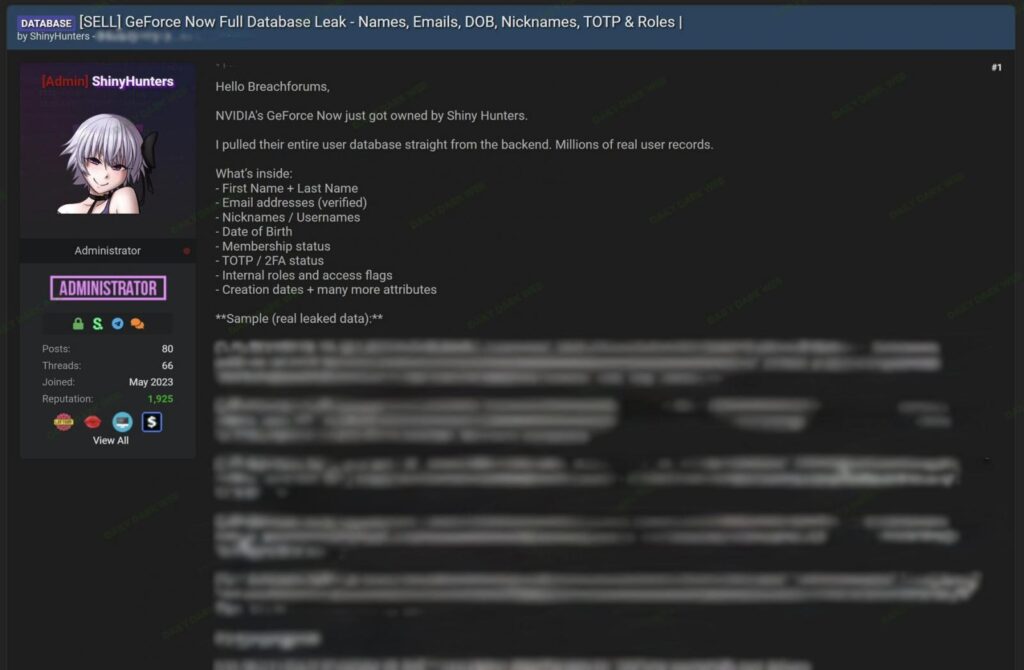 Threat actor's post on hacker forums
