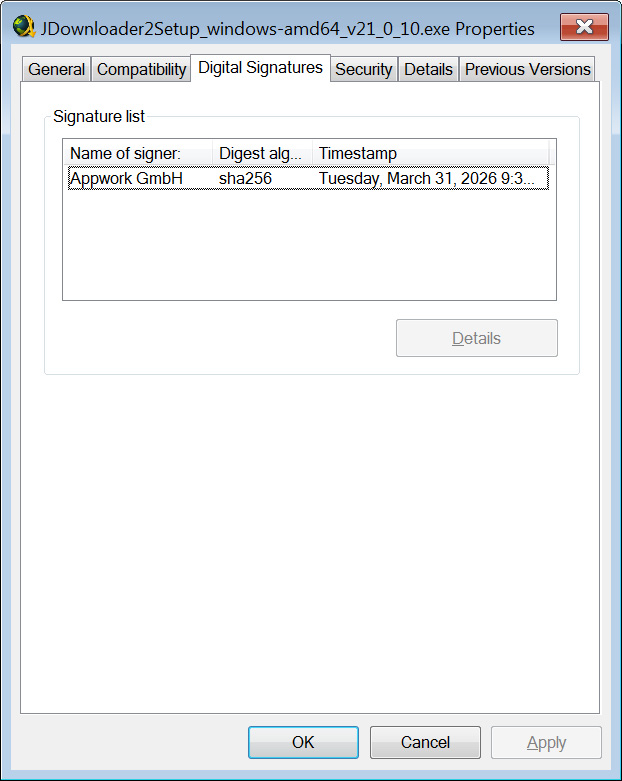 Signed legitimate JDownloader installer