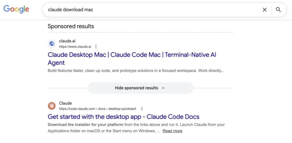Google's sponsored search result for 'claude download mac'