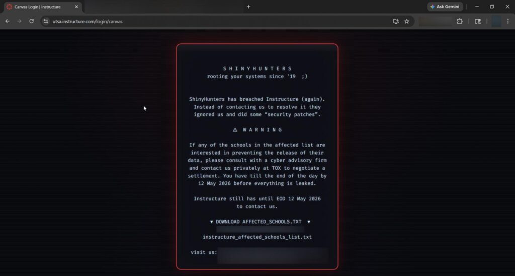 Hackers' message on the Canvas login page of the University of Texas San Antonio