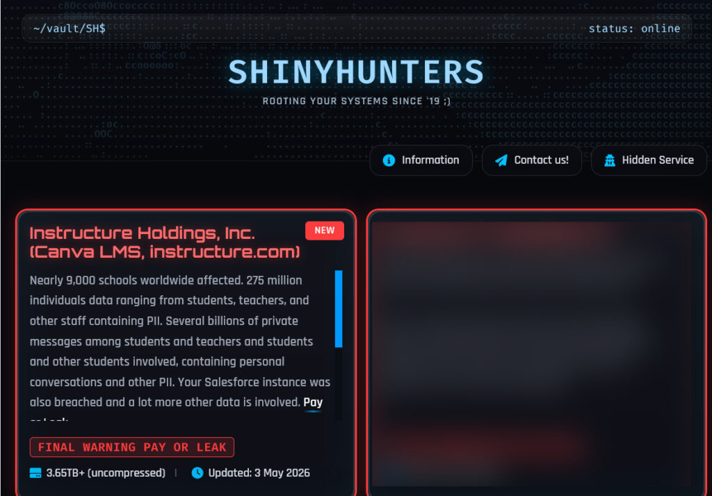 Instructure listing on the ShinyHunters data leak site