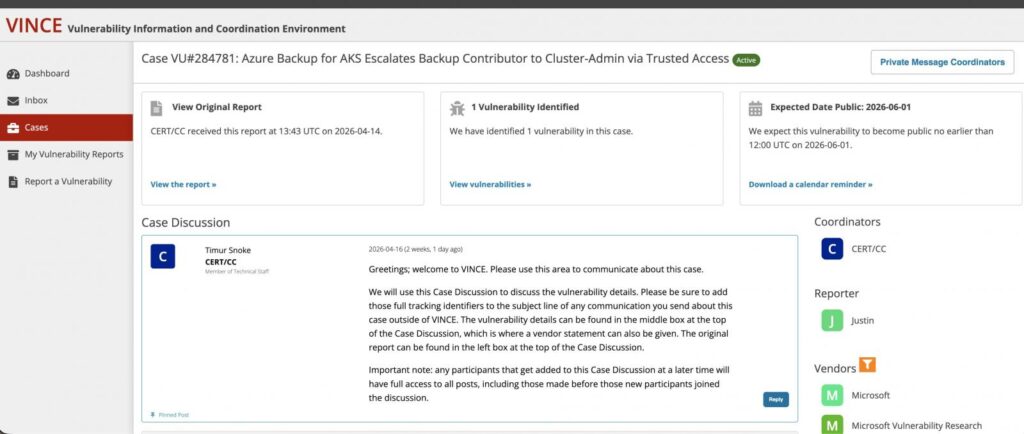 CERT/CC assigning the flaw a tracking identifier and disclosure date