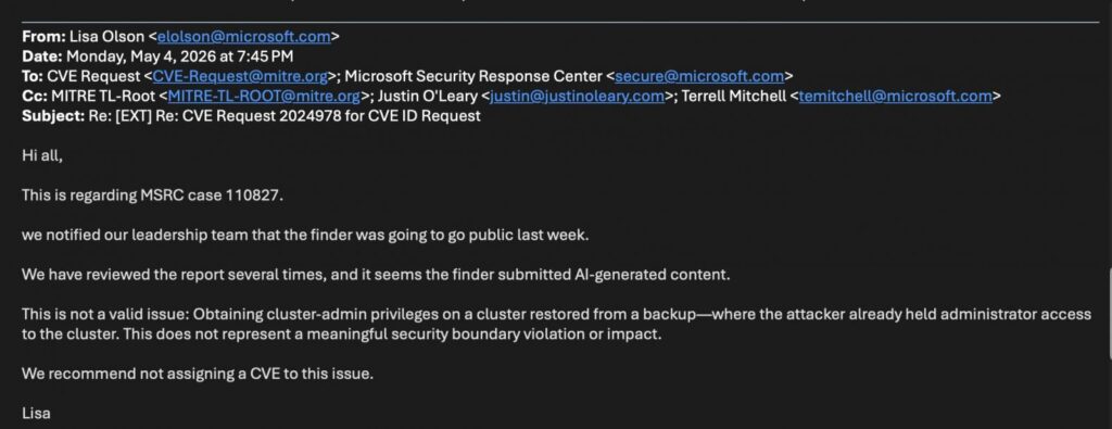 Microsoft recommending MITRE against a CVE issuance