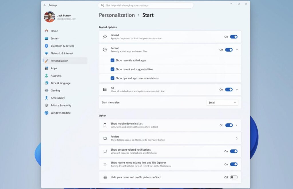 New Start menu settings (Microsoft)