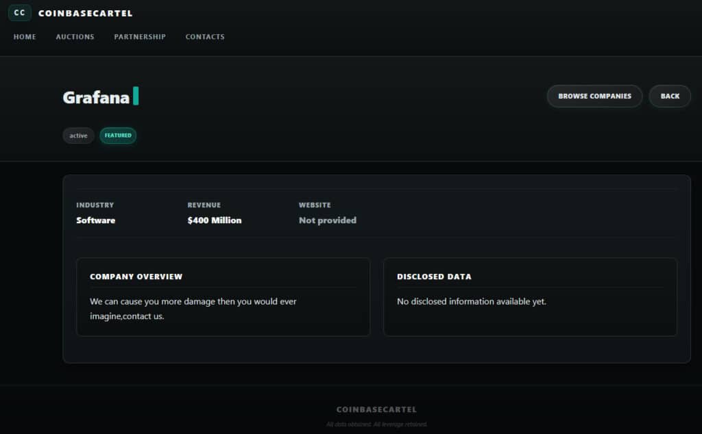 CoinbaseCartel listing Grafana on its extortion portal