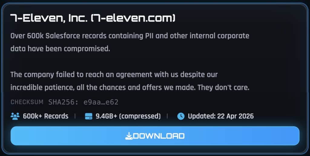 7-Eleven entry on ShinyHunters' leak site