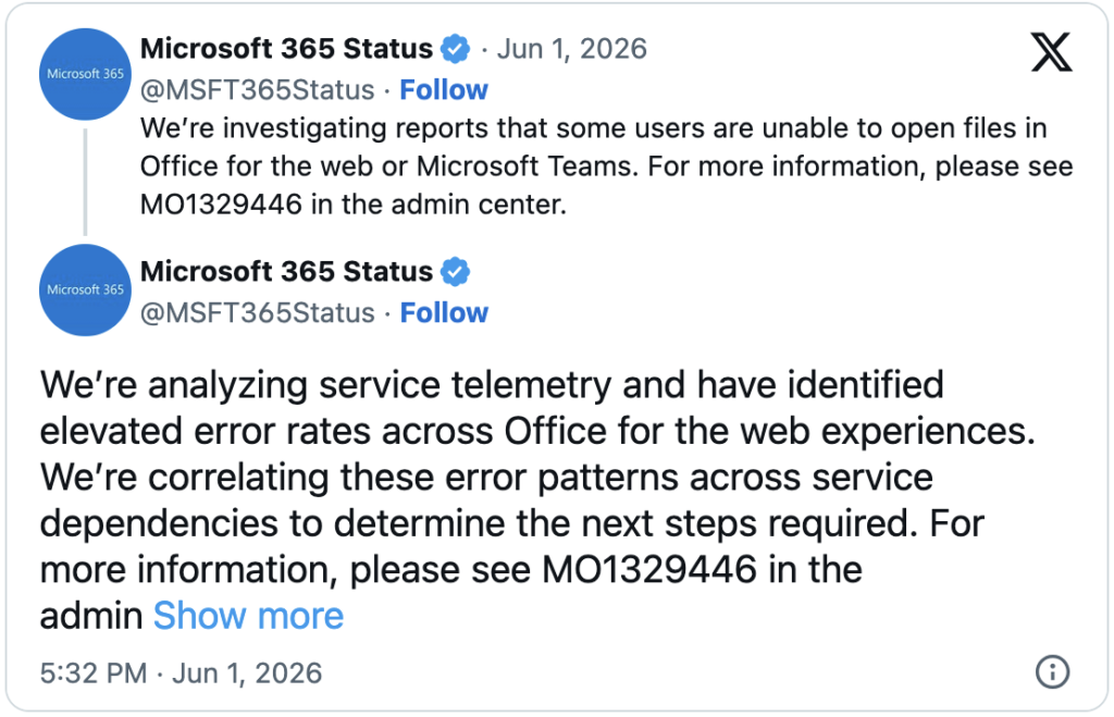 MO1329446 Teams Office Apps incident