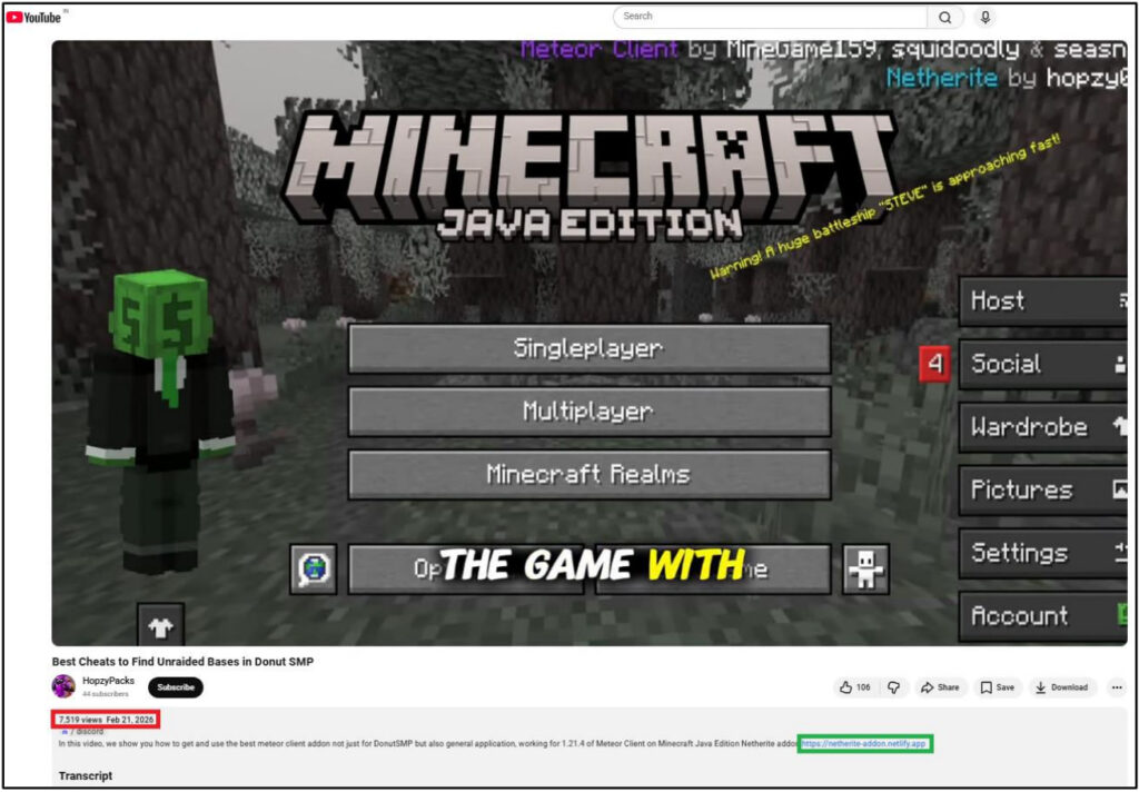 YouTube video promoting malicious Minecraft mods