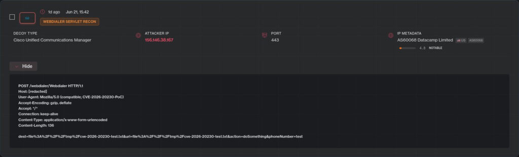 Cisco CVE-2026-20230 exploit on honeypots