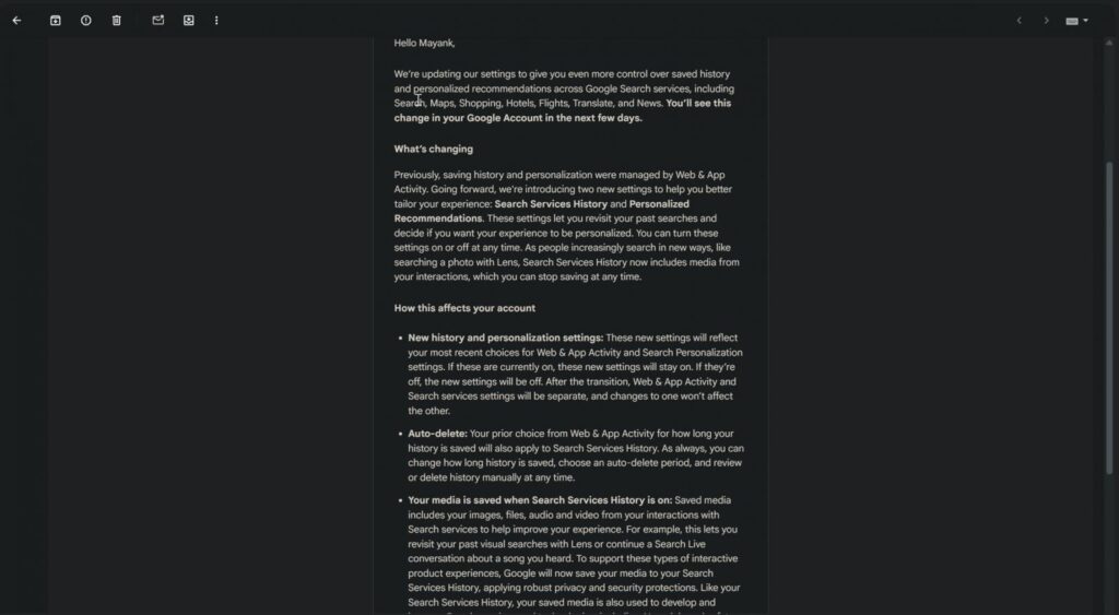 Google's email explains new history and personalization settings