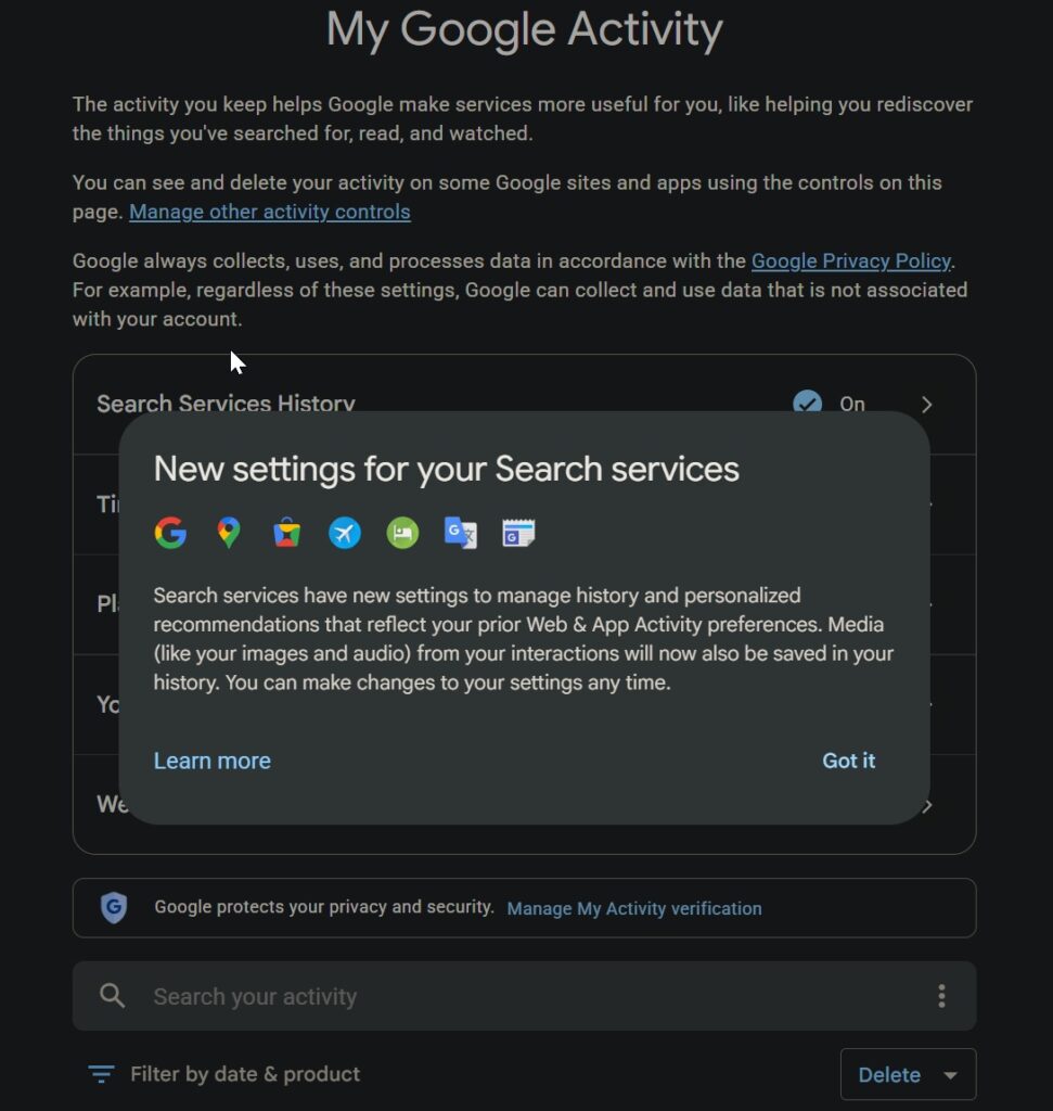 My Google Activity page shows new settings for Search services