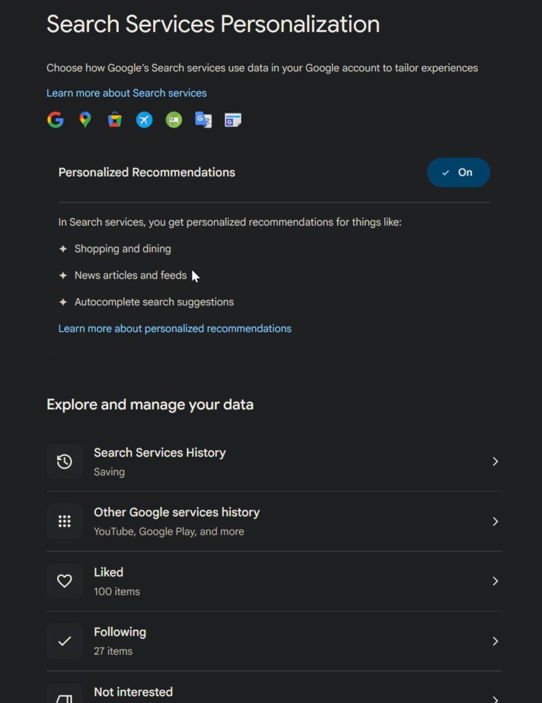 Search Services Personalization settings