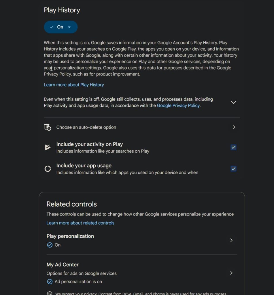 Google Play History settings