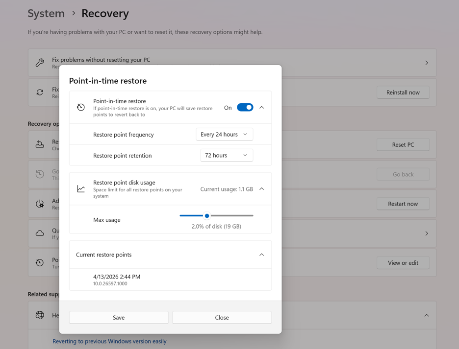 Point-in-Time Restore settings screen