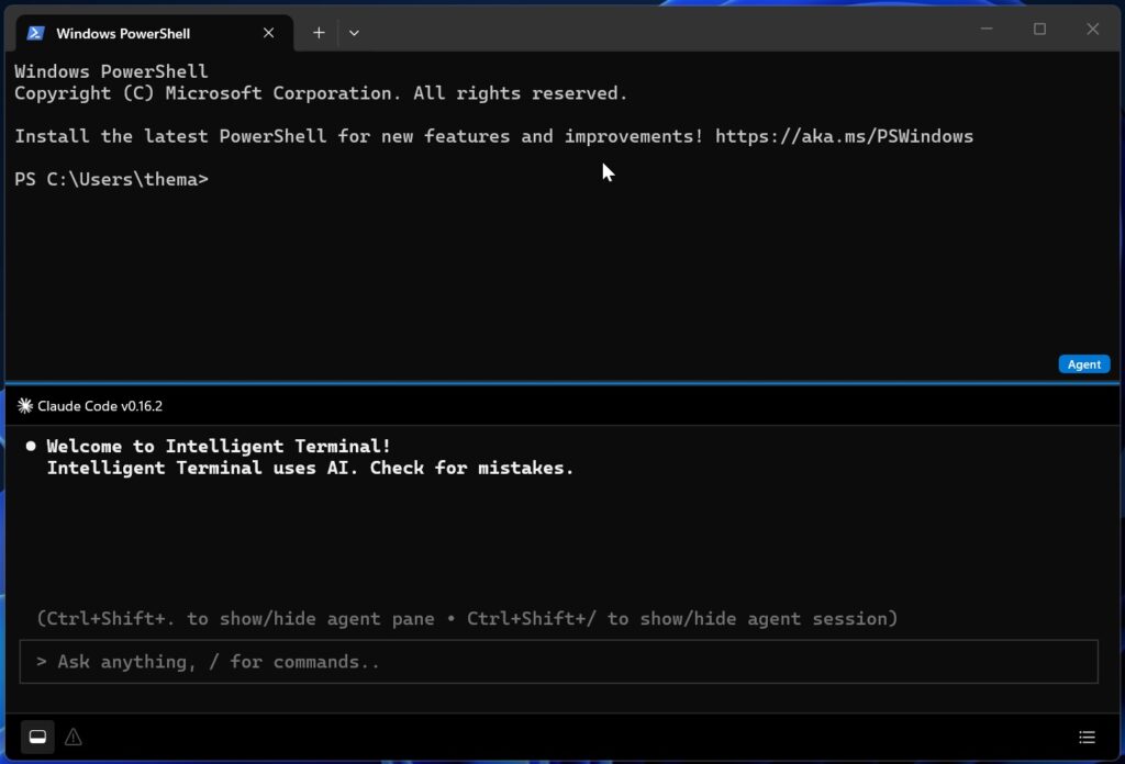 AI shell appears below the standard PS shell in Intelligent Terminal