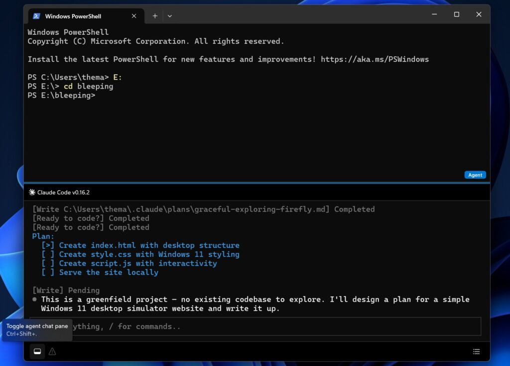 Toggle to show or hide agent chat panel in Intelligent Terminal
