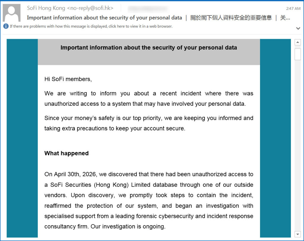 Email sent to SoFi Hong Kong customers
