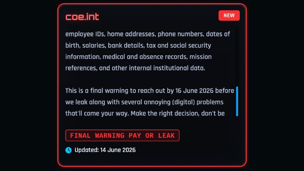 Council of Europe on ShinyHunters leak site