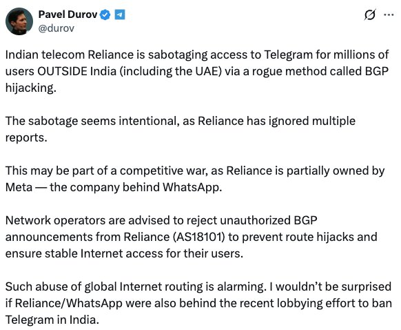 Durov accuses Indian telco of "sabotaging" Telegram via BGP hijacking (X)