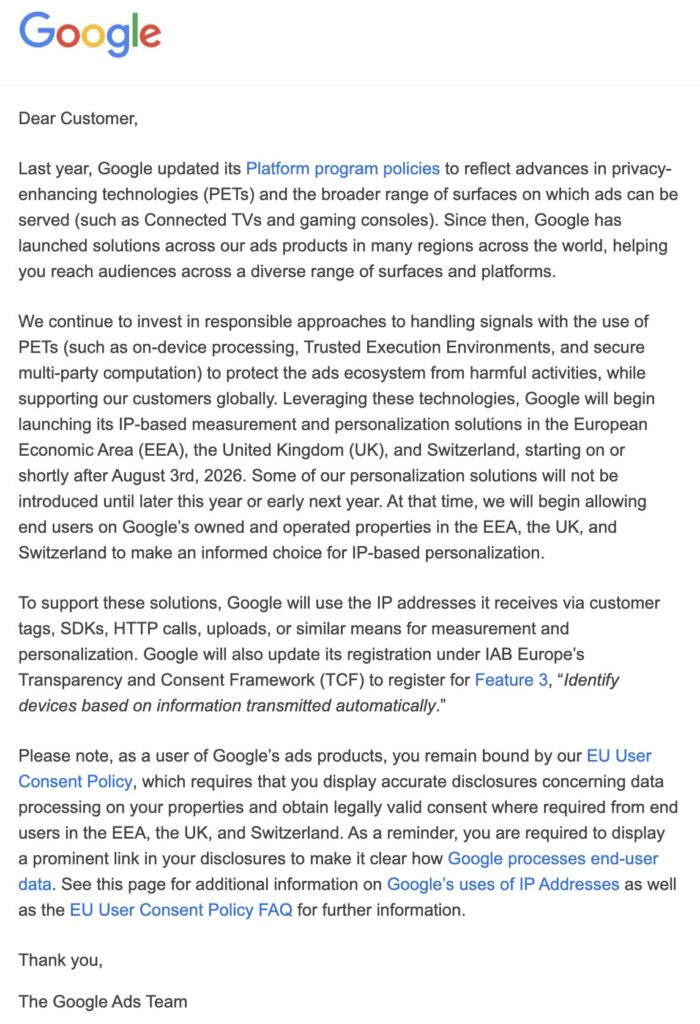 Google's email notification sent June 17, 2026 to advertisers