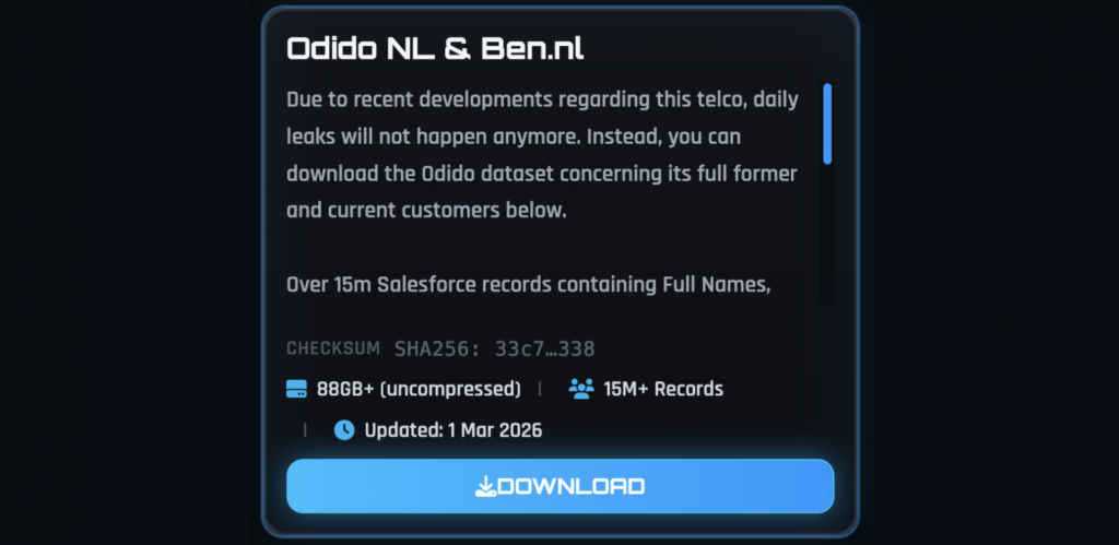 Odido entry on ShinyHunters website