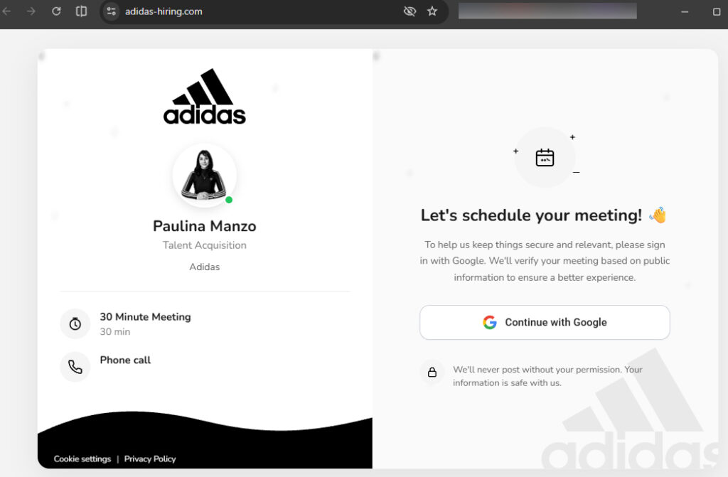 Fake meeting scheduling page impersonating Adidas