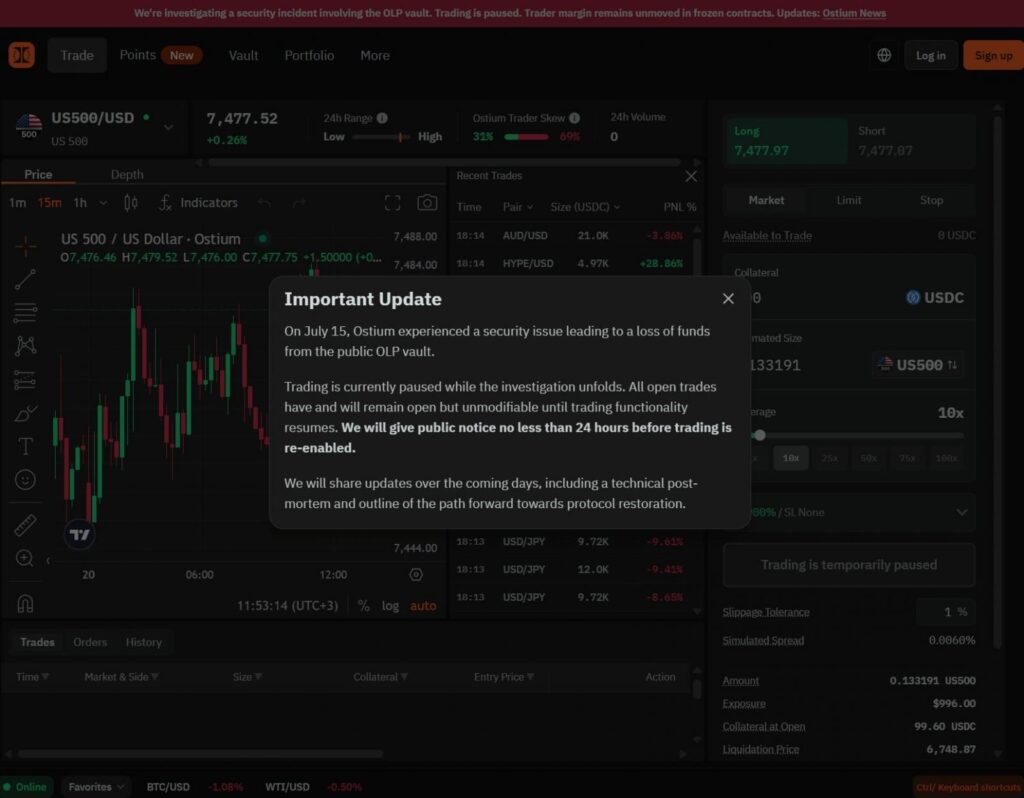 Notice on the trading page of the Ostium website