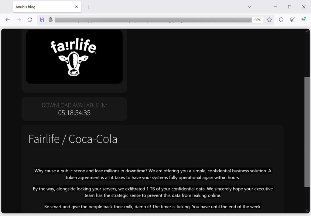 Coca-Cola's Fairlife listed on Anubis data leak site