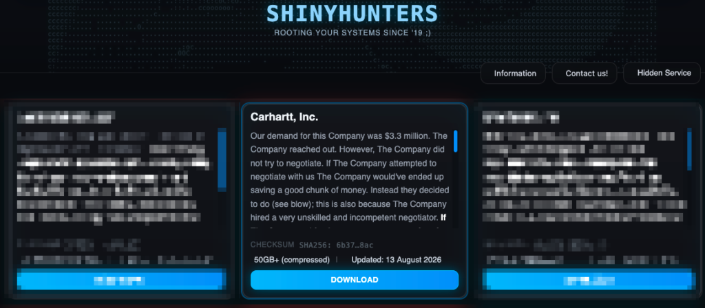 Carhartt entry on ShinyHunters leak site