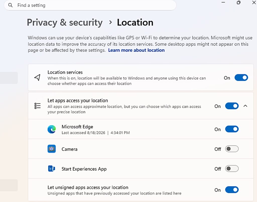Windows 11 granular location privacy controls (Microsoft)