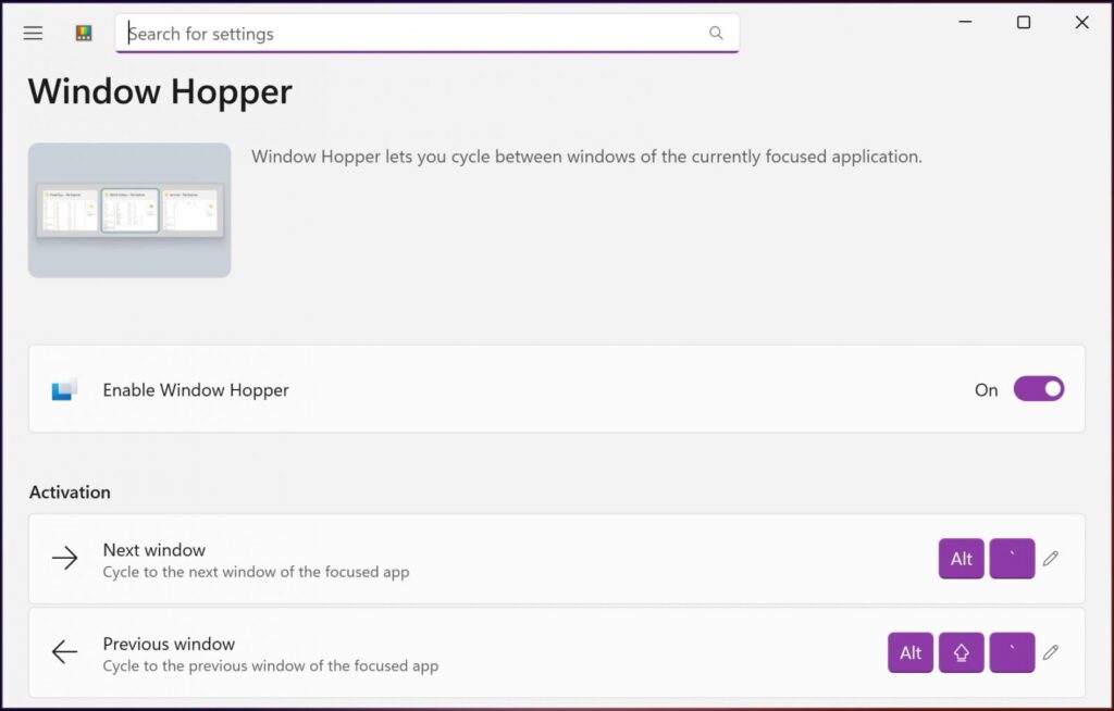 Windows Hopper settings
