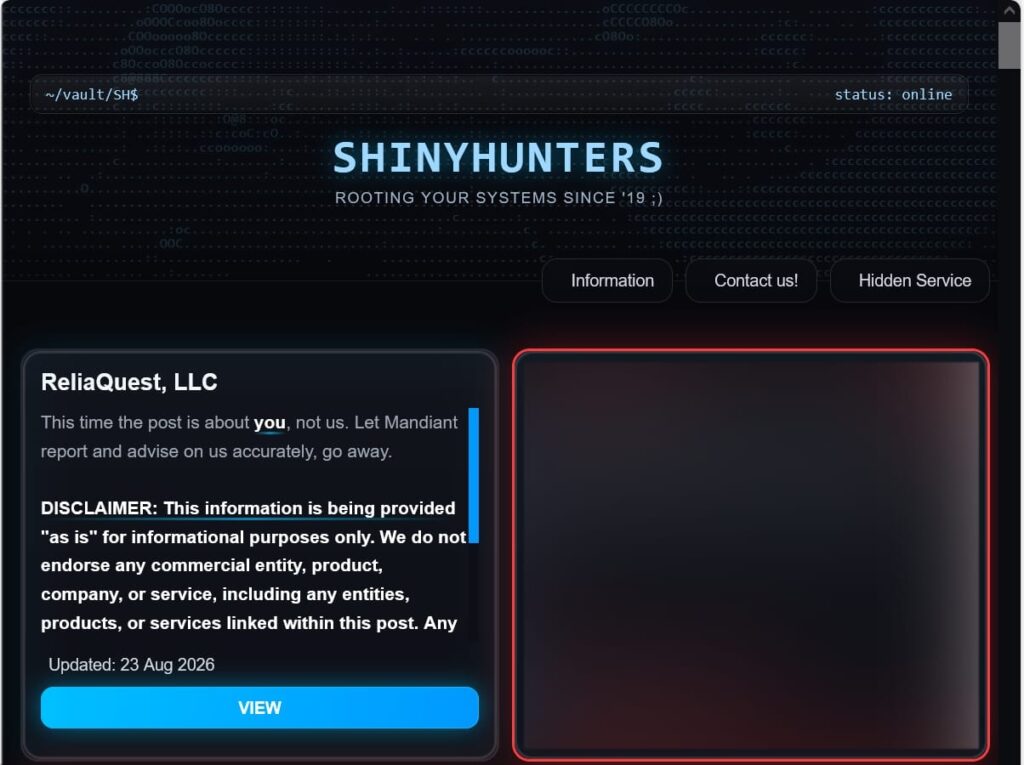 ReliaQuest listed on the ShinyHunters extortion page