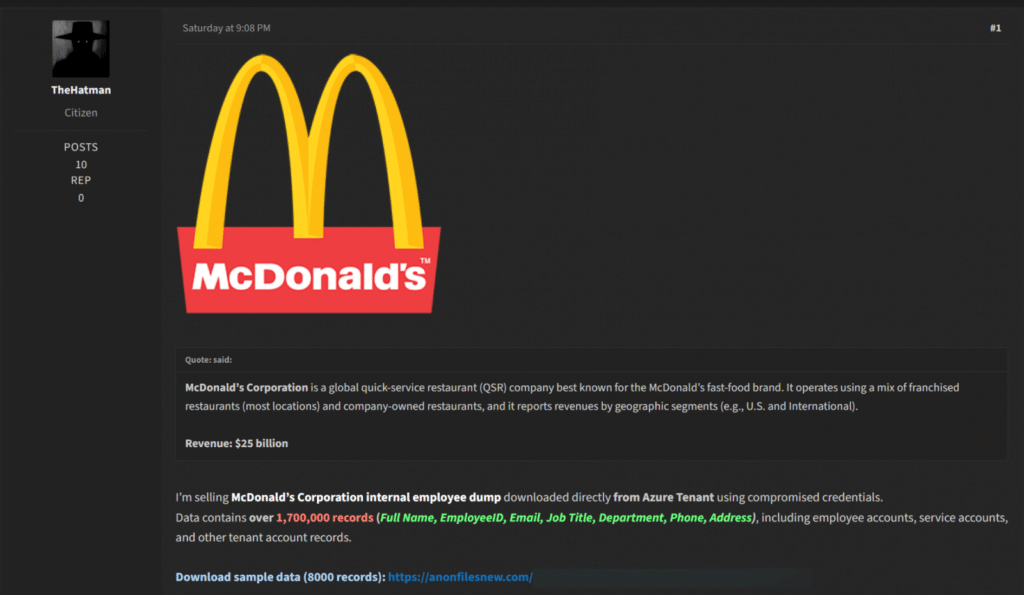 Cybercriminal advertising McDonald's database with employee records
