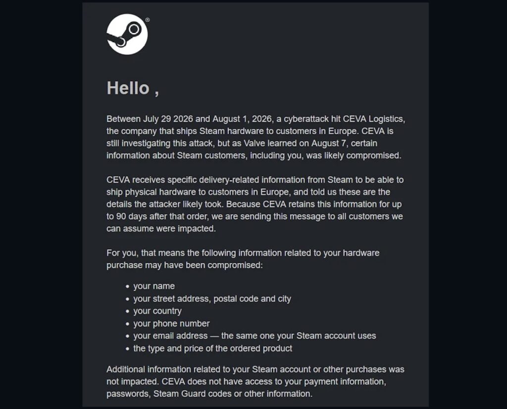 Valve data breach notification email