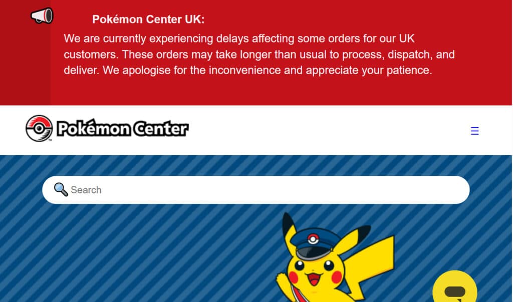 Message to UK customers on the Pokémon Center website