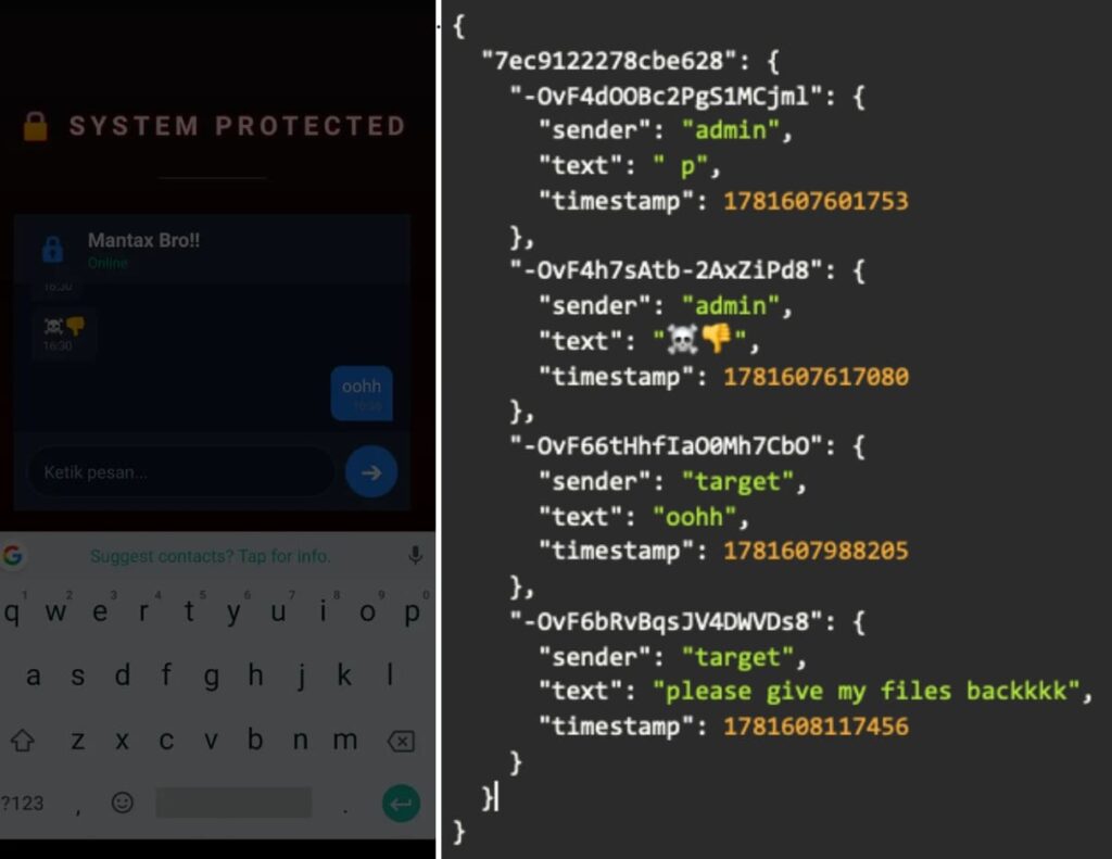 Firebase chat (left) and leaked comms (right)